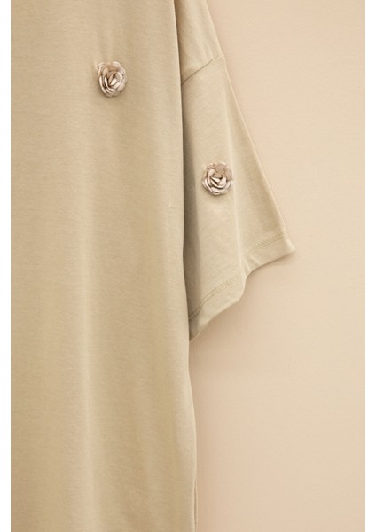 Bej Gül Nakış Detaylı Kısa Kol Kız Çocuk Oversize Tişört 20807 fırsatları