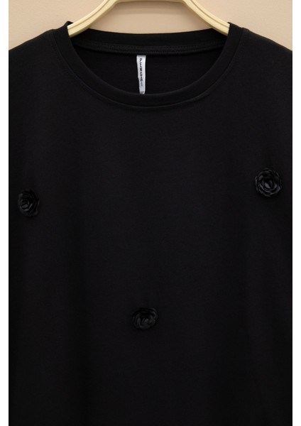 Siyah Gül Nakış Detaylı Kısa Kol Kız Çocuk Oversize Tişört 20805 fiyatları