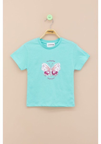 Su Yeşili Kelebek Baskılı Payetli Kız Çocuk Tişört 20996