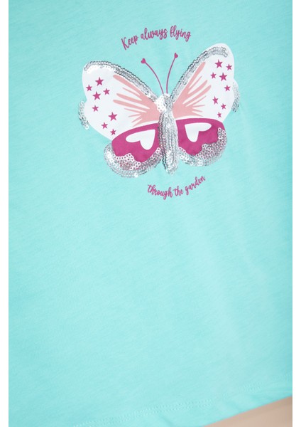 Su Yeşili Kelebek Baskılı Payetli Kız Çocuk Tişört 20996 fiyatları