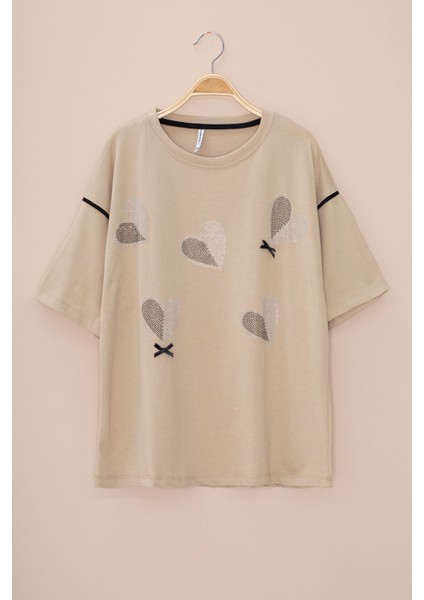 Bej Kolu Şerit Detaylı Payetli Kız Çocuk Oversize Tişört 20810