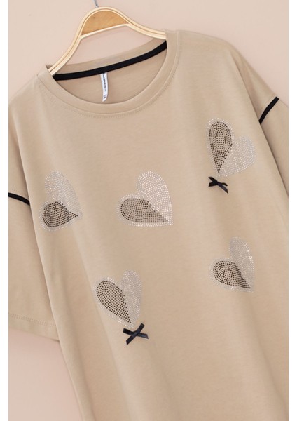 Bej Kolu Şerit Detaylı Payetli Kız Çocuk Oversize Tişört 20810 fiyatları