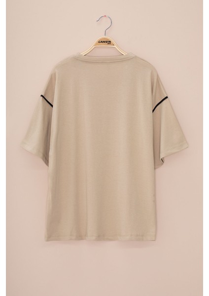 Bej Kolu Şerit Detaylı Payetli Kız Çocuk Oversize Tişört 20810 modelleri