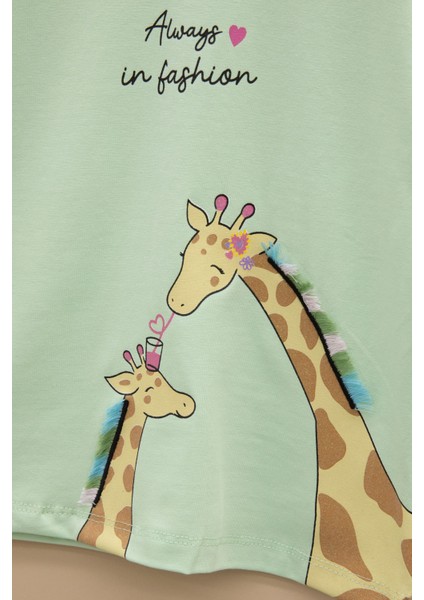 Yeşil Zürafa Baskılı Fırfırlı Kız Bebek Kısa Kol Tişört 20993 fiyatları