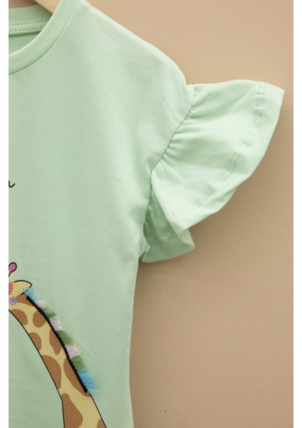 Yeşil Zürafa Baskılı Fırfırlı Kız Bebek Kısa Kol Tişört 20993 modelleri