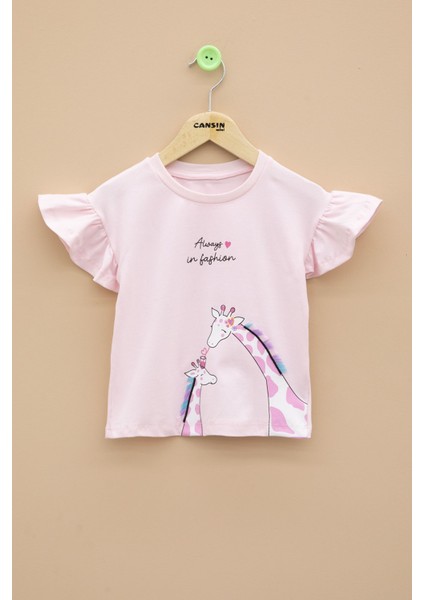 Pembe Zürafa Baskılı Fırfırlı Kız Bebek Kısa Kol Tişört 20991