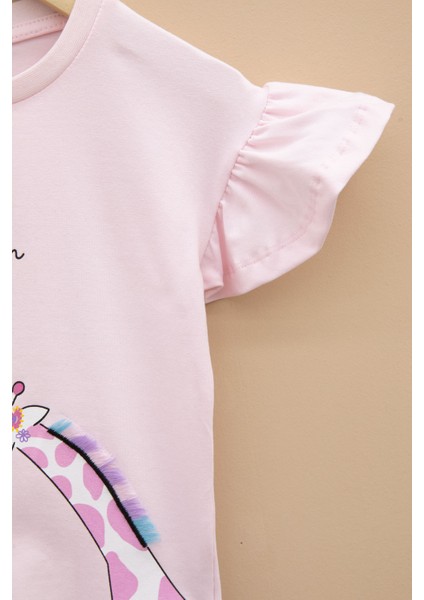 Pembe Zürafa Baskılı Fırfırlı Kız Bebek Kısa Kol Tişört 20991 modelleri