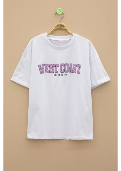 Beyaz West Coast Yazılı Kısa Kol Kız Çocuk Bisiklet Yaka Tişört 21025