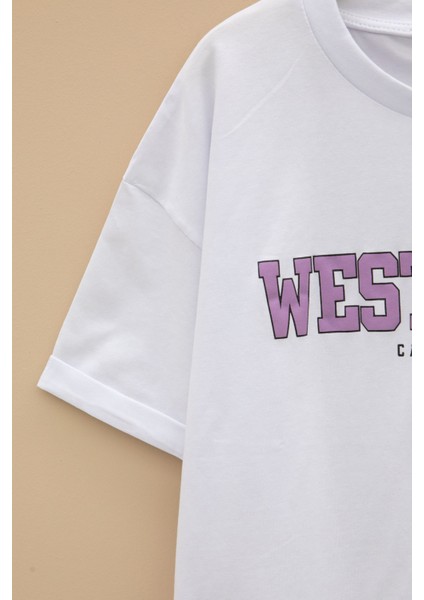 Beyaz West Coast Yazılı Kısa Kol Kız Çocuk Bisiklet Yaka Tişört 21025 modelleri