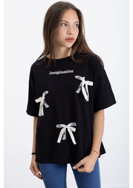 Siyah Yazı Baskılı Fiyonklu Kız Çocuk Kısa Kol Oversize Tişört 20803