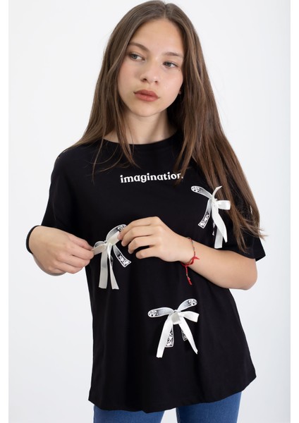 Siyah Yazı Baskılı Fiyonklu Kız Çocuk Kısa Kol Oversize Tişört 20803 fiyatları