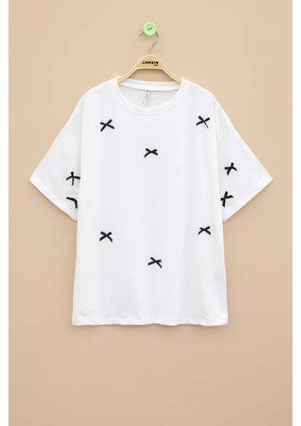 Ekru Fiyonk Nakışlı Kısa Kol Kız Çocuk Oversize Tişört 20800