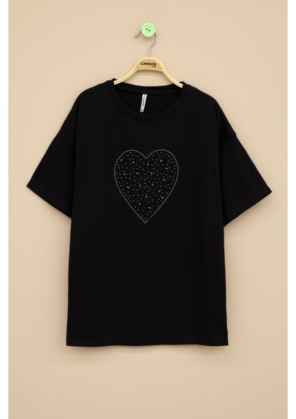 Siyah Payetli Kalp Desenli Kısa Kol Kız Çocuk Oversize Tişört 20789