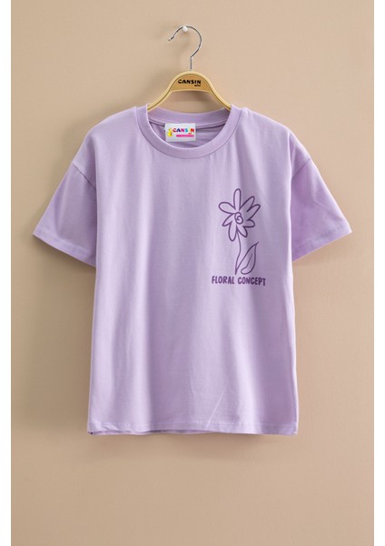 Lila Çiçek Baskılı Sırtı Yazılı Kız Çocuk Bisiklet Yaka Tişört 20966