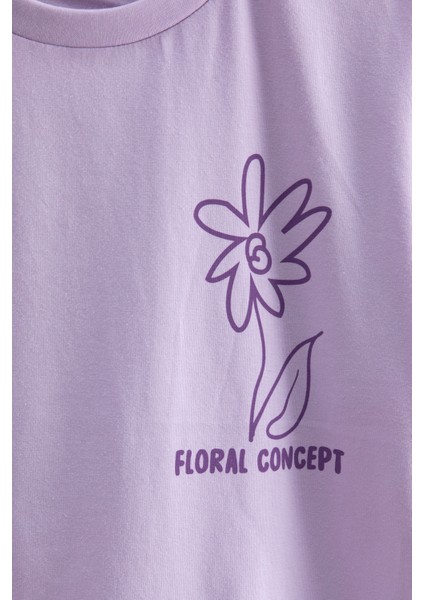 Lila Çiçek Baskılı Sırtı Yazılı Kız Çocuk Bisiklet Yaka Tişört 20966 fiyatları