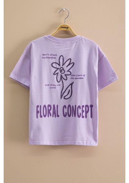 Lila Çiçek Baskılı Sırtı Yazılı Kız Çocuk Bisiklet Yaka Tişört 20966 modelleri