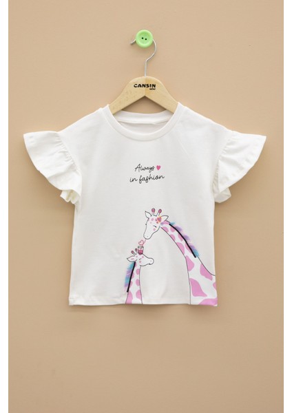 Ekru Zürafa Baskılı Fırfırlı Kız Bebek Kısa Kol Tişört 20992
