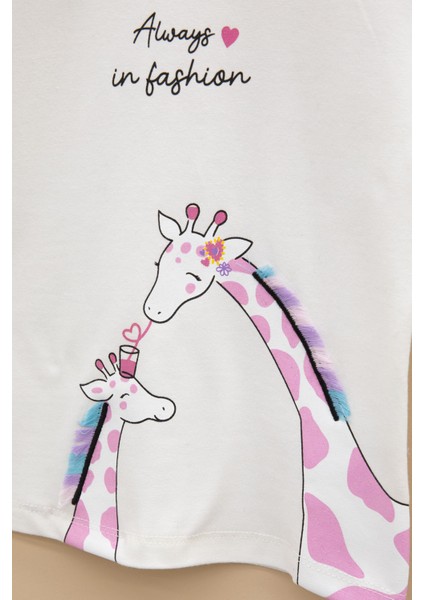 Ekru Zürafa Baskılı Fırfırlı Kız Bebek Kısa Kol Tişört 20992 fiyatları