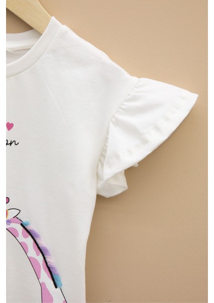 Ekru Zürafa Baskılı Fırfırlı Kız Bebek Kısa Kol Tişört 20992 modelleri