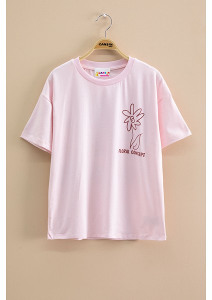 Pembe Çiçek Baskılı Sırtı Yazılı Kız Çocuk Bisiklet Yaka Tişört 20965