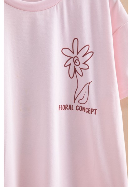 Pembe Çiçek Baskılı Sırtı Yazılı Kız Çocuk Bisiklet Yaka Tişört 20965 fiyatları