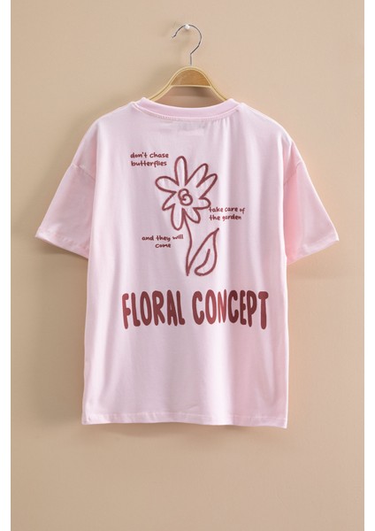 Pembe Çiçek Baskılı Sırtı Yazılı Kız Çocuk Bisiklet Yaka Tişört 20965 modelleri