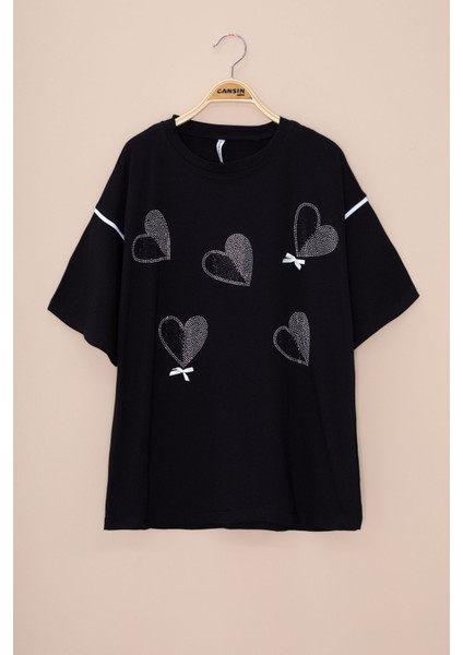 Siyah Kolu Şerit Detaylı Payetli Kız Çocuk Oversize Tişört 20813