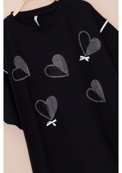 Siyah Kolu Şerit Detaylı Payetli Kız Çocuk Oversize Tişört 20813 fiyatları