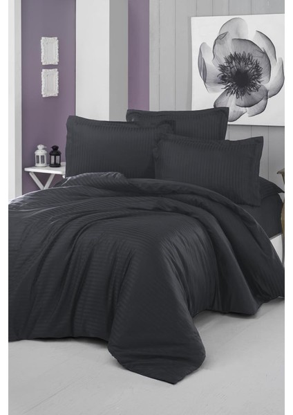 Stripe Çift Kişilik Pollysaten Nevresim Takımı Siyah