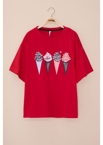 Kırmızı Dondurma Baskılı Taşlı Kız Çocuk Kısa Kol Oversize Tişört 20794