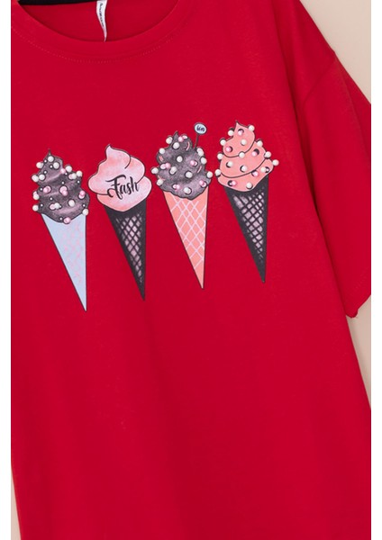 Kırmızı Dondurma Baskılı Taşlı Kız Çocuk Kısa Kol Oversize Tişört 20794 fiyatları