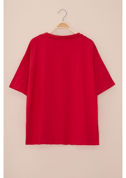 Kırmızı Dondurma Baskılı Taşlı Kız Çocuk Kısa Kol Oversize Tişört 20794 modelleri