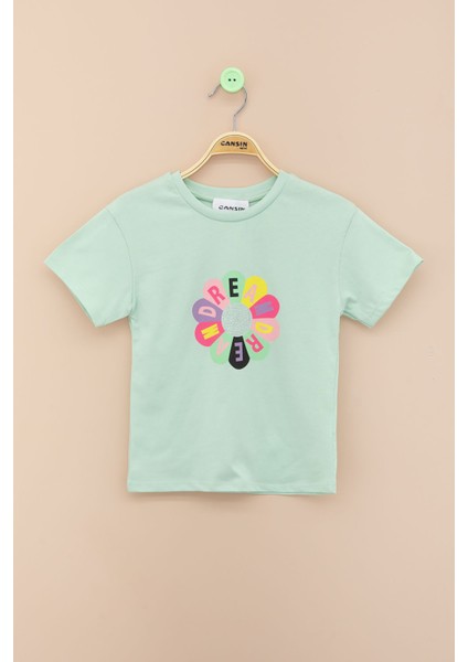 Yeşil Dream Baskılı Payetli Kız Çocuk Kısa Kol Tişört 21003