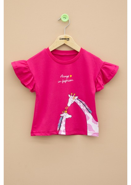 Fuşya Zürafa Baskılı Fırfırlı Kız Bebek Kısa Kol Tişört 20995