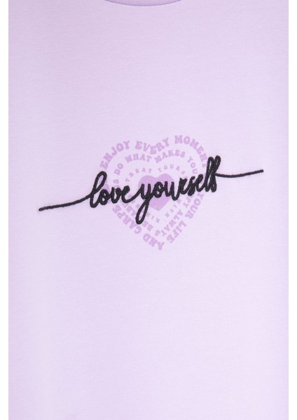 Lila Sırtı Kalp Baskılı Yazılı Kız Çocuk Bisiklet Yaka Tişört 20971 fiyatları