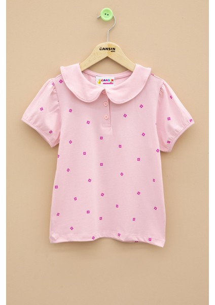 Pembe Çiçek Desenli Düğmeli Yaka Kız Çocuk Tişört 20990
