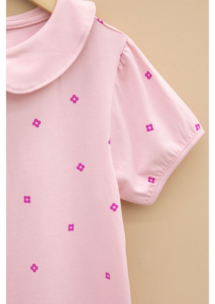 Pembe Çiçek Desenli Düğmeli Yaka Kız Çocuk Tişört 20990 modelleri