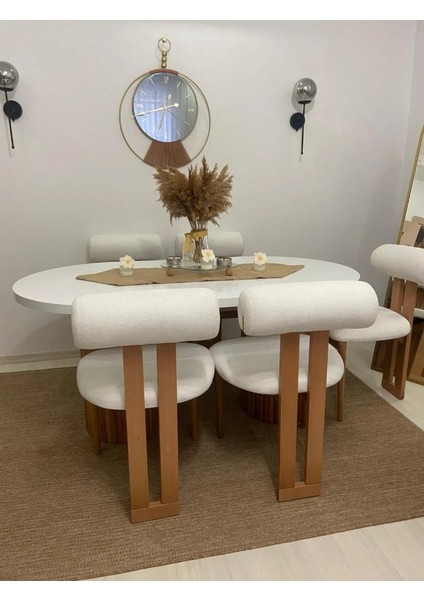 Ahşap Sandalye Tombak Masa (90X180) ve 6 Adet Sandalye Takımı