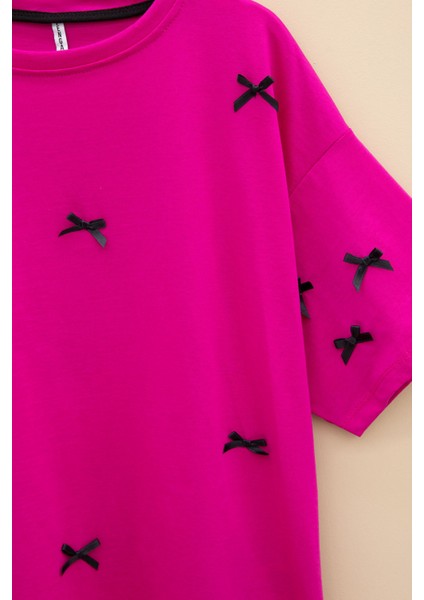Fuşya Fiyonk Nakışlı Kısa Kol Kız Çocuk Oversize Tişört 20801 fiyatları