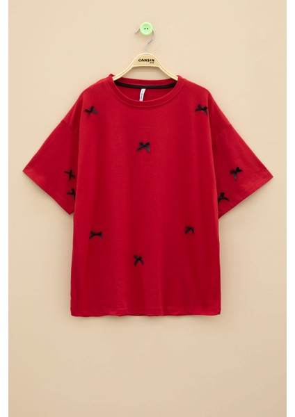 Kırmızı Fiyonk Nakışlı Kısa Kol Kız Çocuk Oversize Tişört 20799