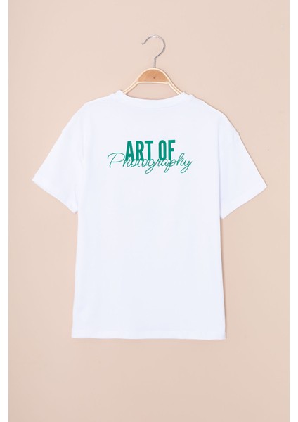 Ekru Sırtı Yazılı Fotoğraf Baskılı Kız Çocuk Bisiklet Yaka Tişört 20980 fiyatları