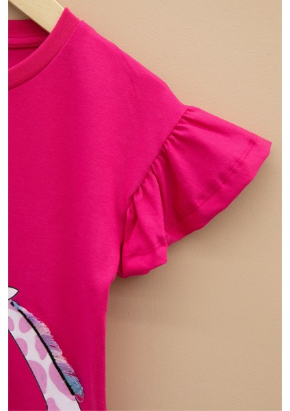 Fuşya Zürafa Baskılı Fırfırlı Kız Bebek Kısa Kol Tişört 20995 modelleri