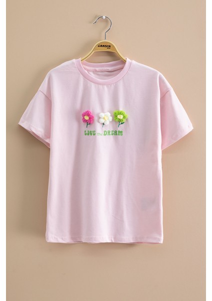 Pembe Papatya Nakışlı Bisiklet Yaka Kız Çocuk Tişört 20985