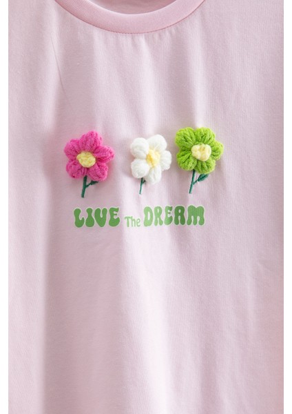 Pembe Papatya Nakışlı Bisiklet Yaka Kız Çocuk Tişört 20985 fiyatları