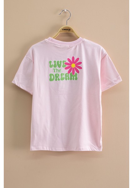 Pembe Papatya Nakışlı Bisiklet Yaka Kız Çocuk Tişört 20985 modelleri