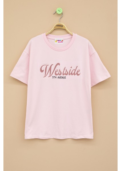Pembe West Side Kabartmalı Yazılı Kız Çocuk Bisiklet Yaka Tişört 20973