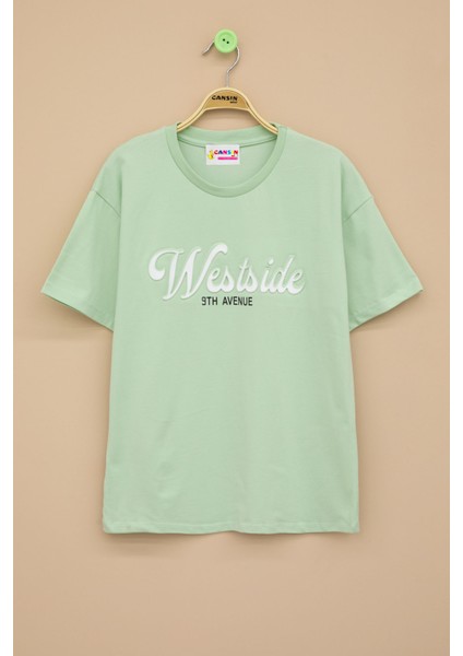 Yeşil West Side Kabartmalı Yazılı Kız Çocuk Bisiklet Yaka Tişört 20974