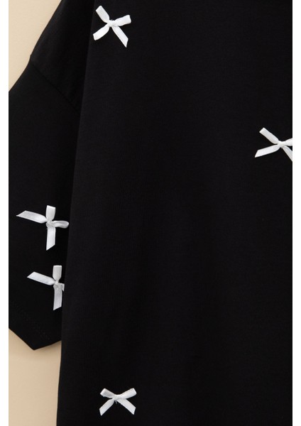 Siyah Fiyonk Nakışlı Kısa Kol Kız Çocuk Oversize Tişört 20798 fiyatları