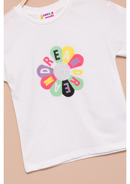 Ekru Dream Baskılı Payetli Kız Çocuk Kısa Kol Tişört 21005 modelleri