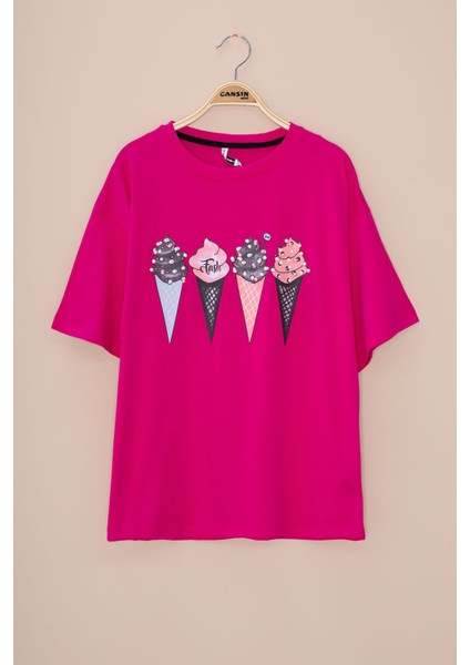 Fuşya Dondurma Baskılı Taşlı Kız Çocuk Kısa Kol Oversize Tişört 20796